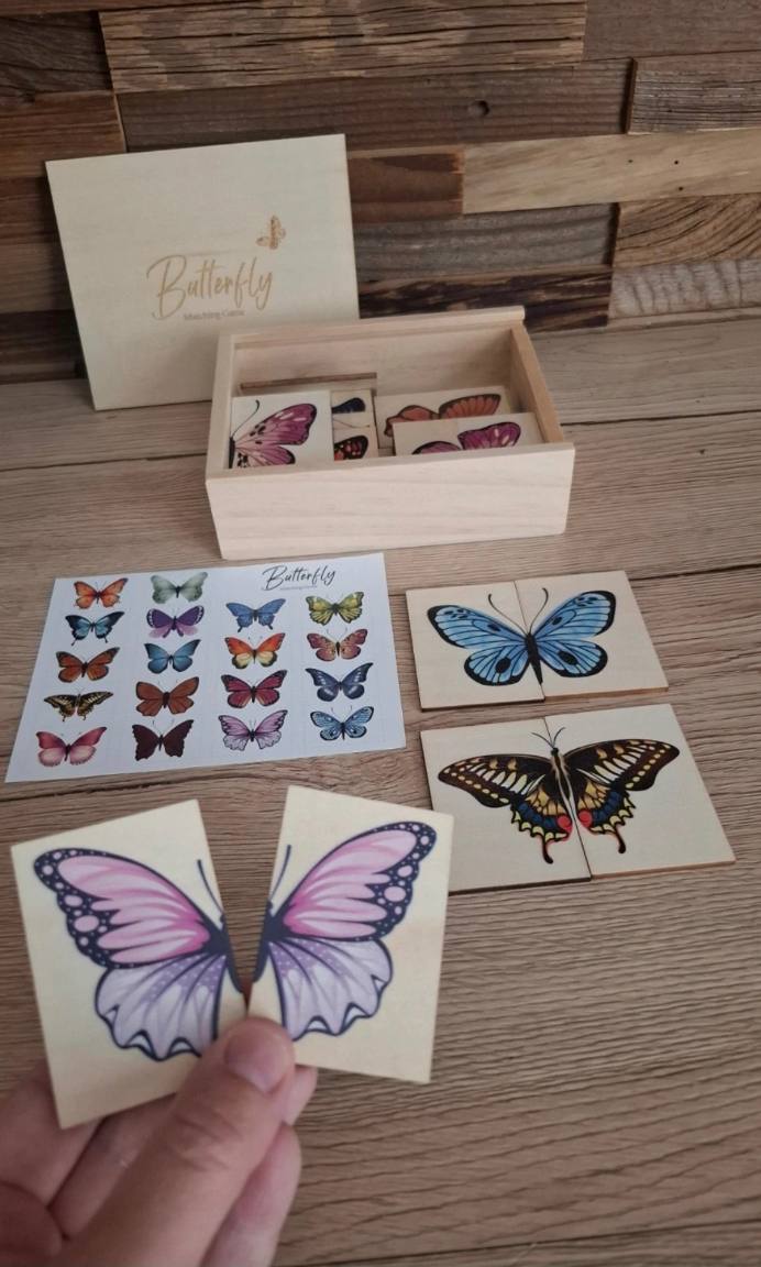 Beautiful wooden box with butterflies matching game