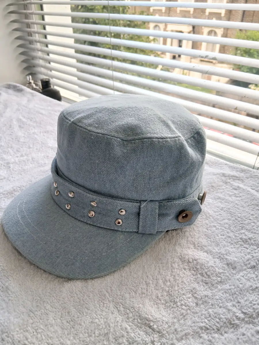 Washed Light Blue Denim Studded Cadet Cap – Korean Style Adjustable Streetwear Hat