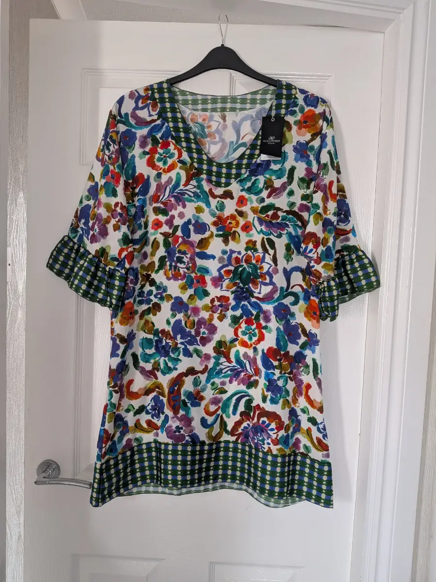 BNWT Nuria Ferrer size large Watercolour Floral Tunic Summer Mini Dress Boho Beach coverup Gingham