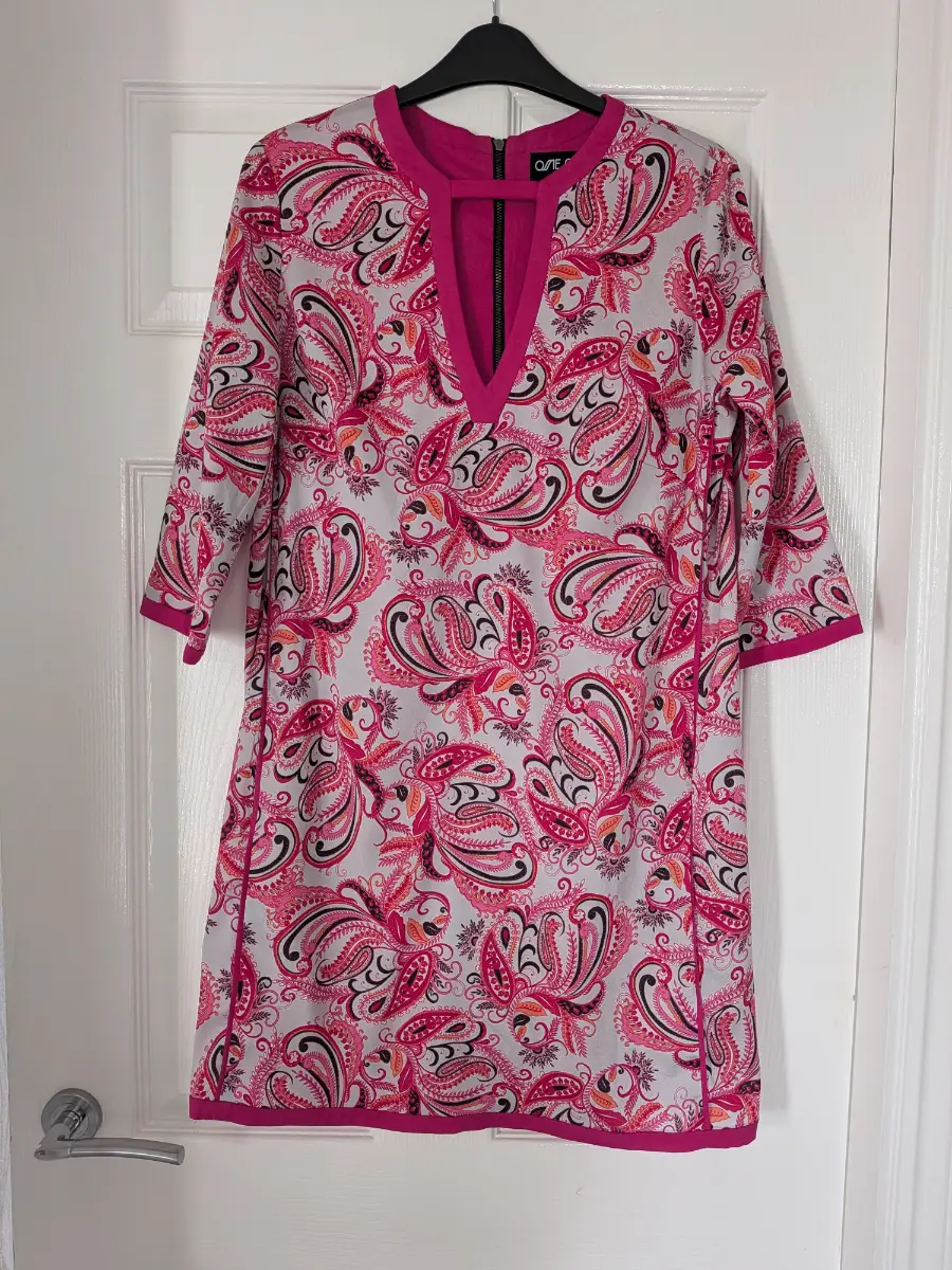 Ossie Clark pink silver paisley pattern 70s style boho tunic dress size 10
