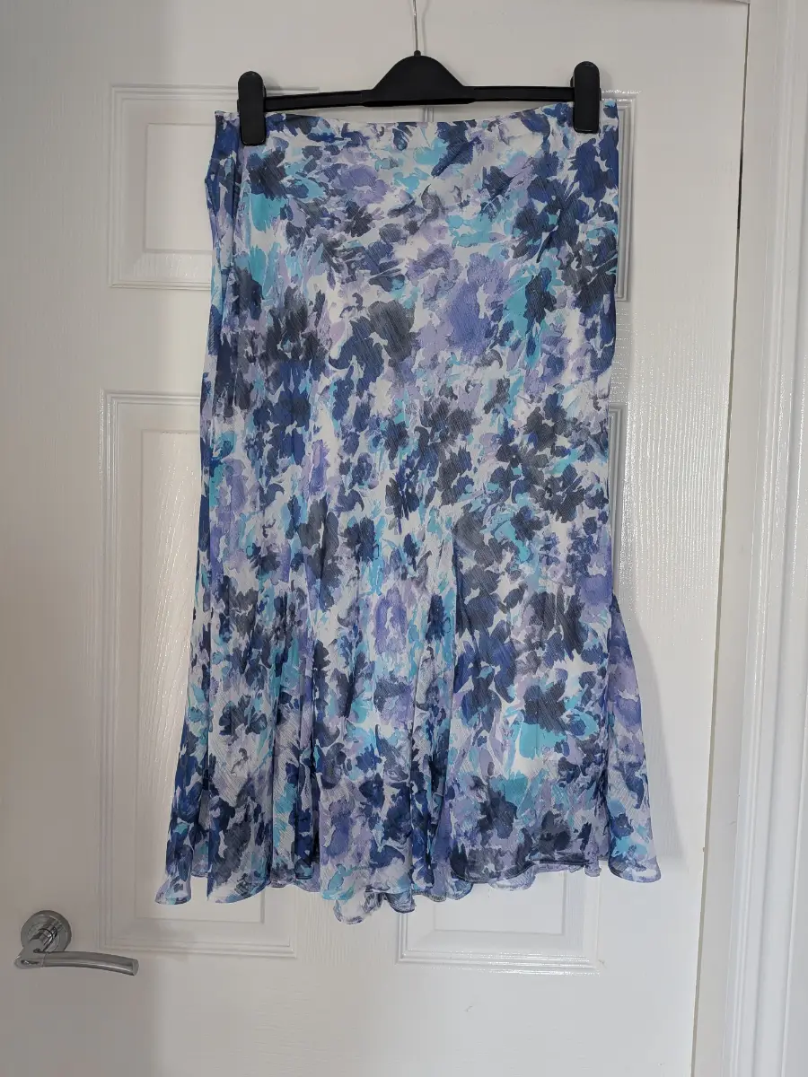 BM Collection Size 14 Blue Abstract Floral Midi Skirt Flared Hem