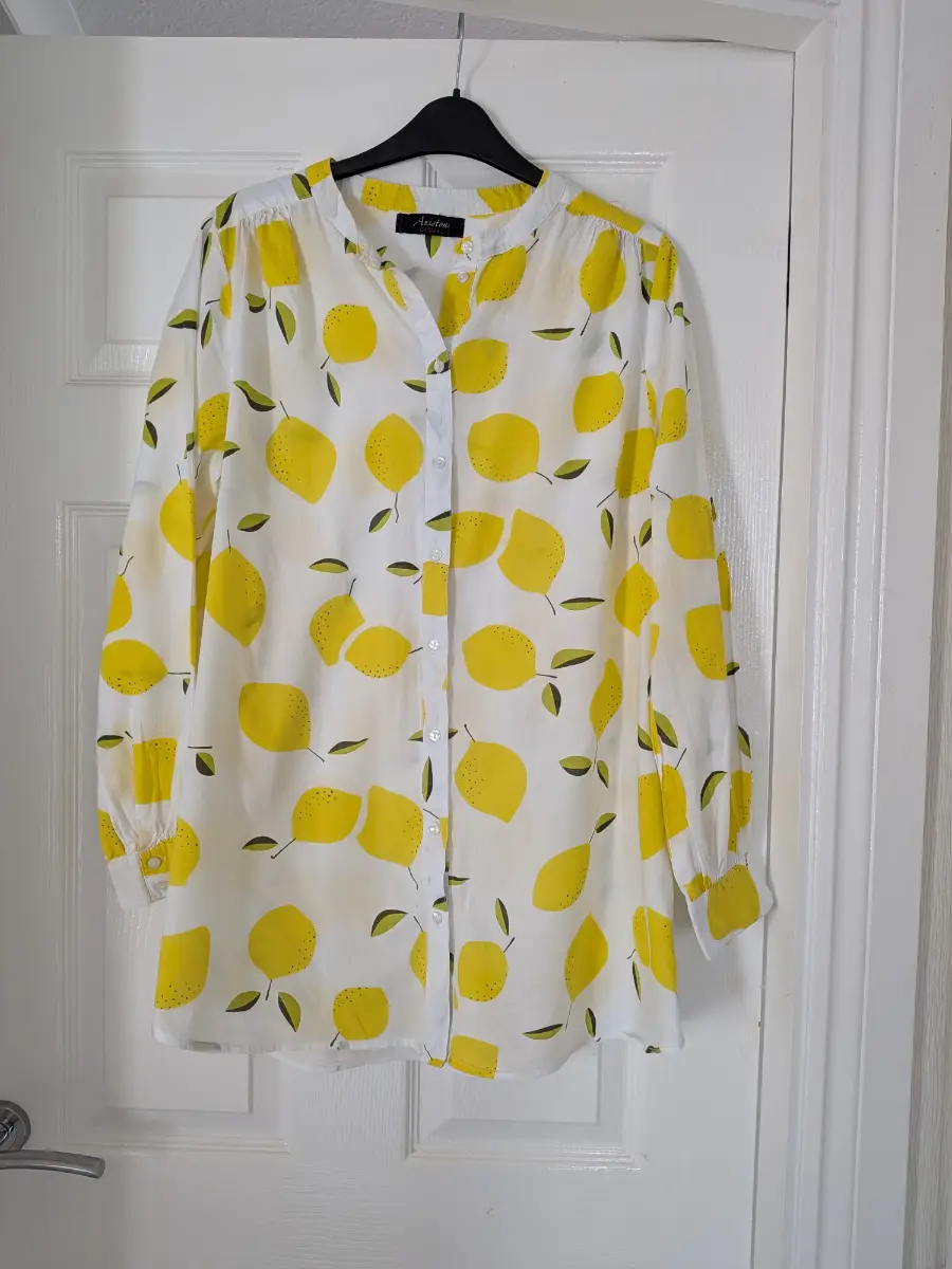 Aniston Lemon Print Collarless Citrus Cotton Summer blouse Shirt Size 14