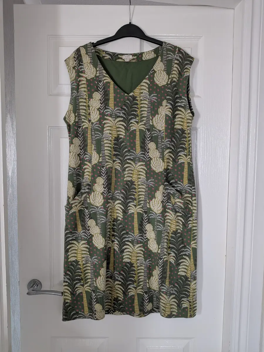 White Stuff 100% Cotton Green Palm Tree Tropical Print Casual Dress with Pockets Size 14