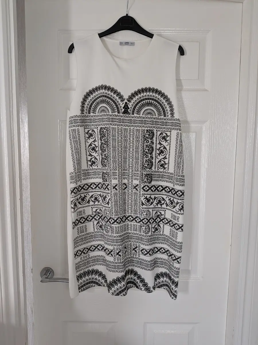Zara Black & White Geometric Aztec Print Boho Shift Summer Dress Size M UK 10 - 12
