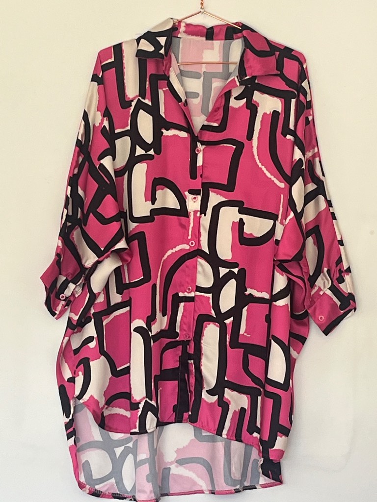 Oversized Abstract Print Tunic Blouse | Pink & Black | One Size | Lagenlook Boho Top