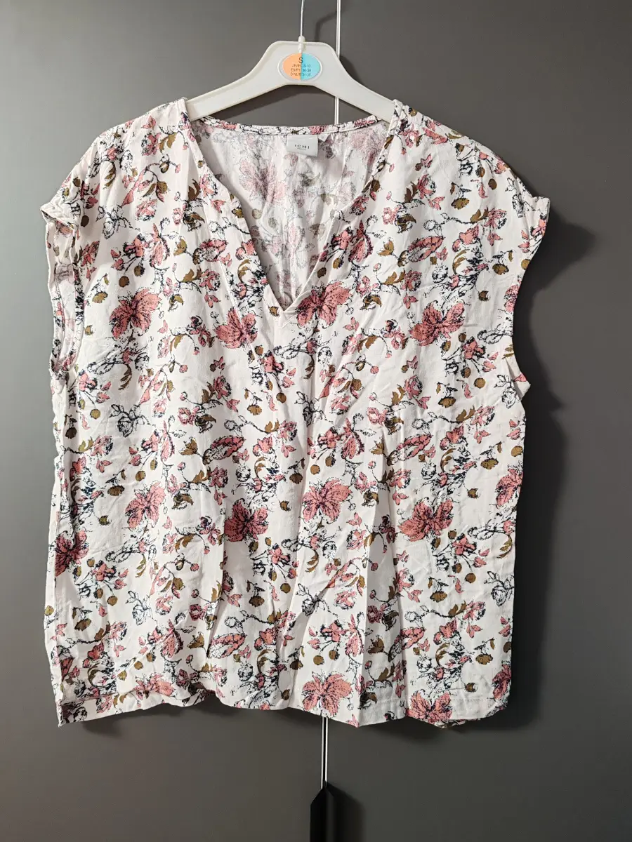 Ichi floral V-neck top size M - pink white flowery summer top