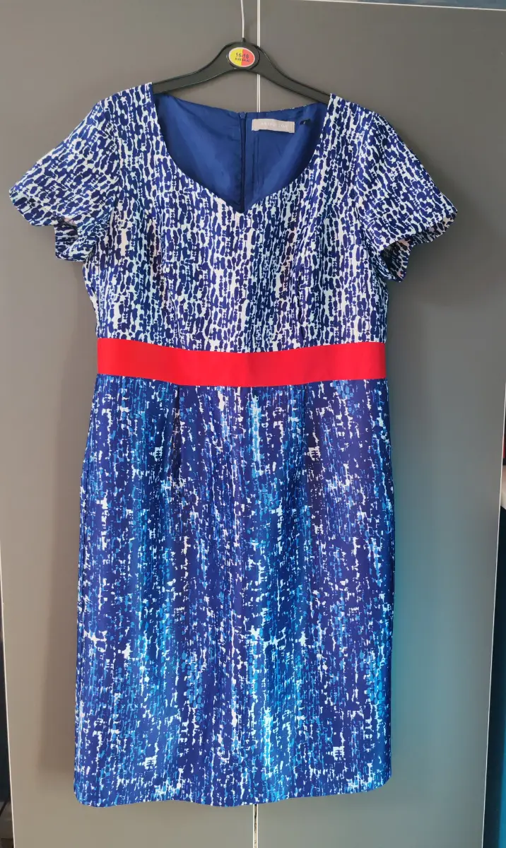 Anthology Navy Blue Abstract Print Shift Dress Red Satin Waist Size 14
