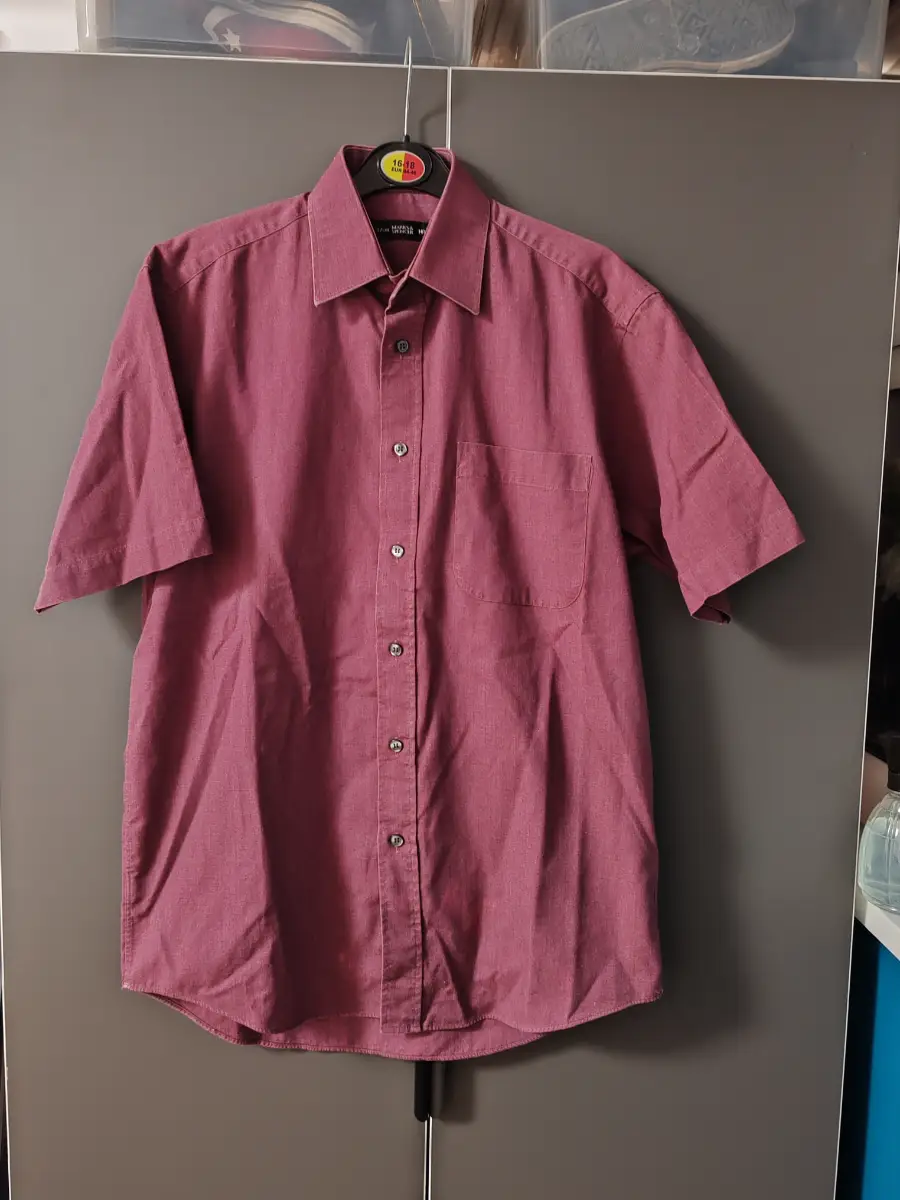 M&S men's cotton blend short sleeve shirt - 14.5" collar - maroon / burgundy