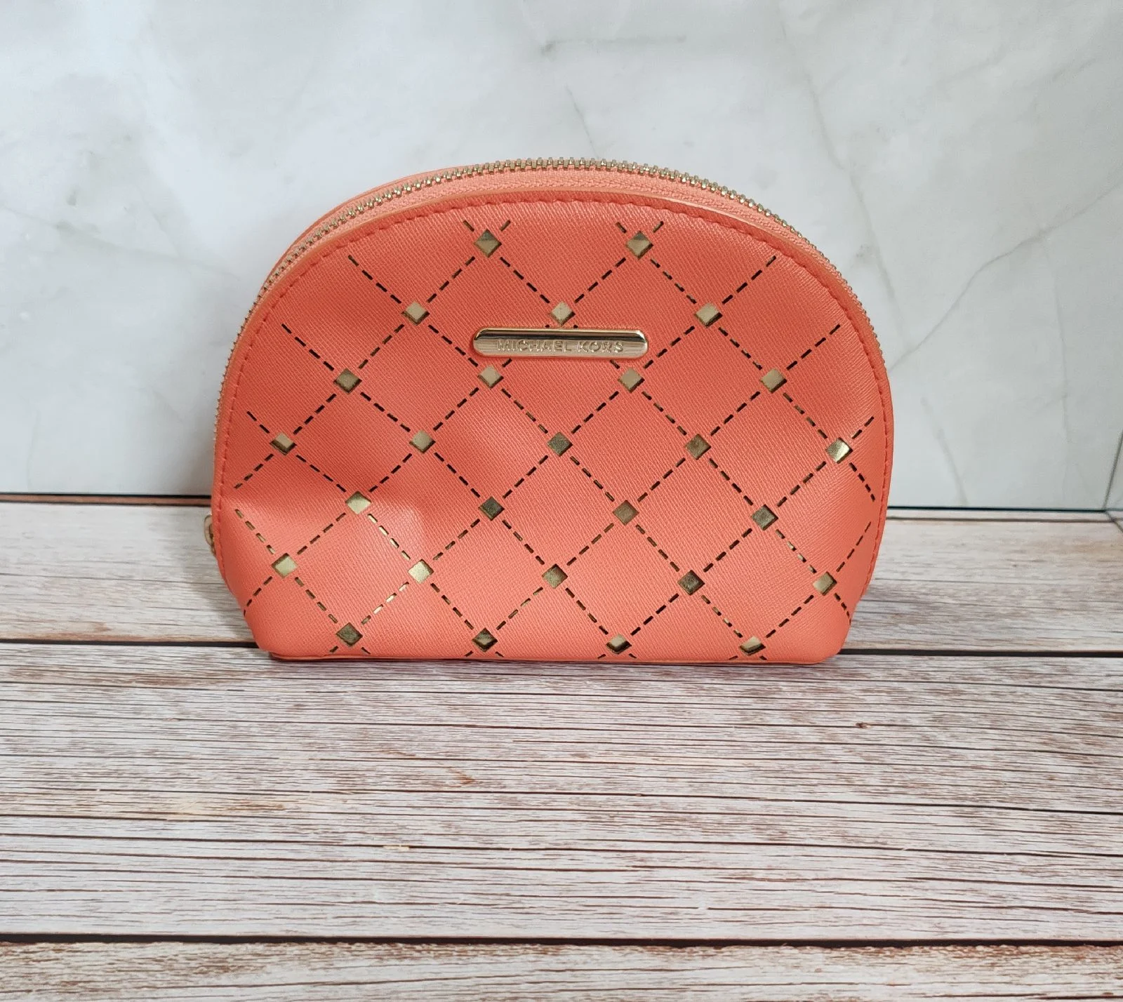 Genuine Michael Kors Coral Pink Studded Dome Makeup Bag Pouch