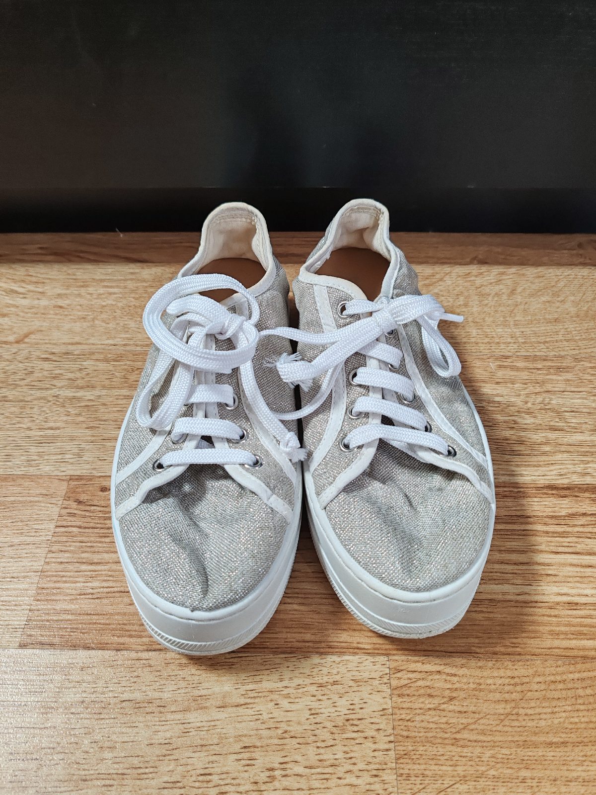 Mint Velvet Metallic Silver Canvas Platform Trainers Sneakers Size 38 (UK 5)