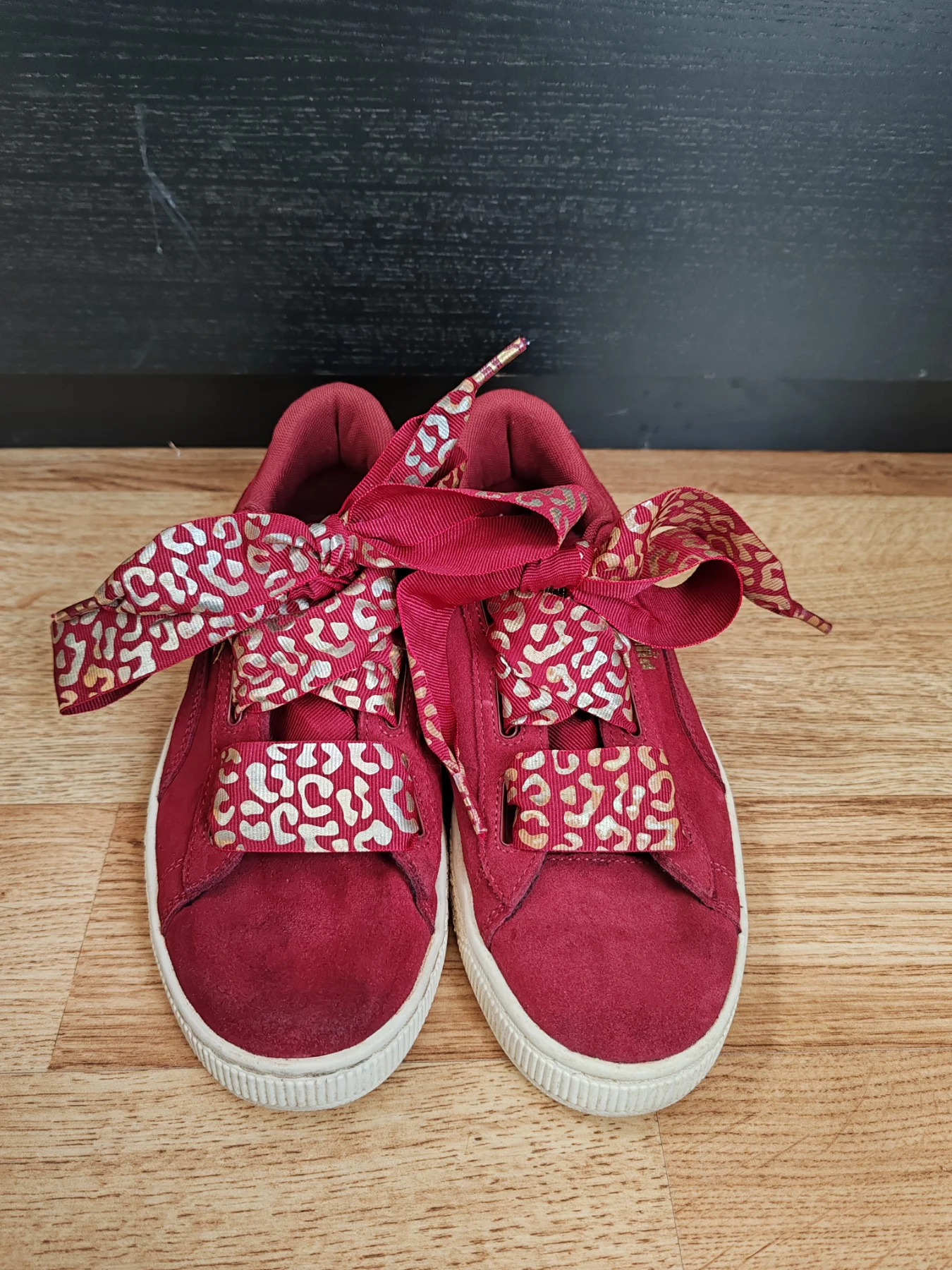 Puma Suede Heart Celebrate Burgundy Gold Satin Bow Trainers | Size UK 5