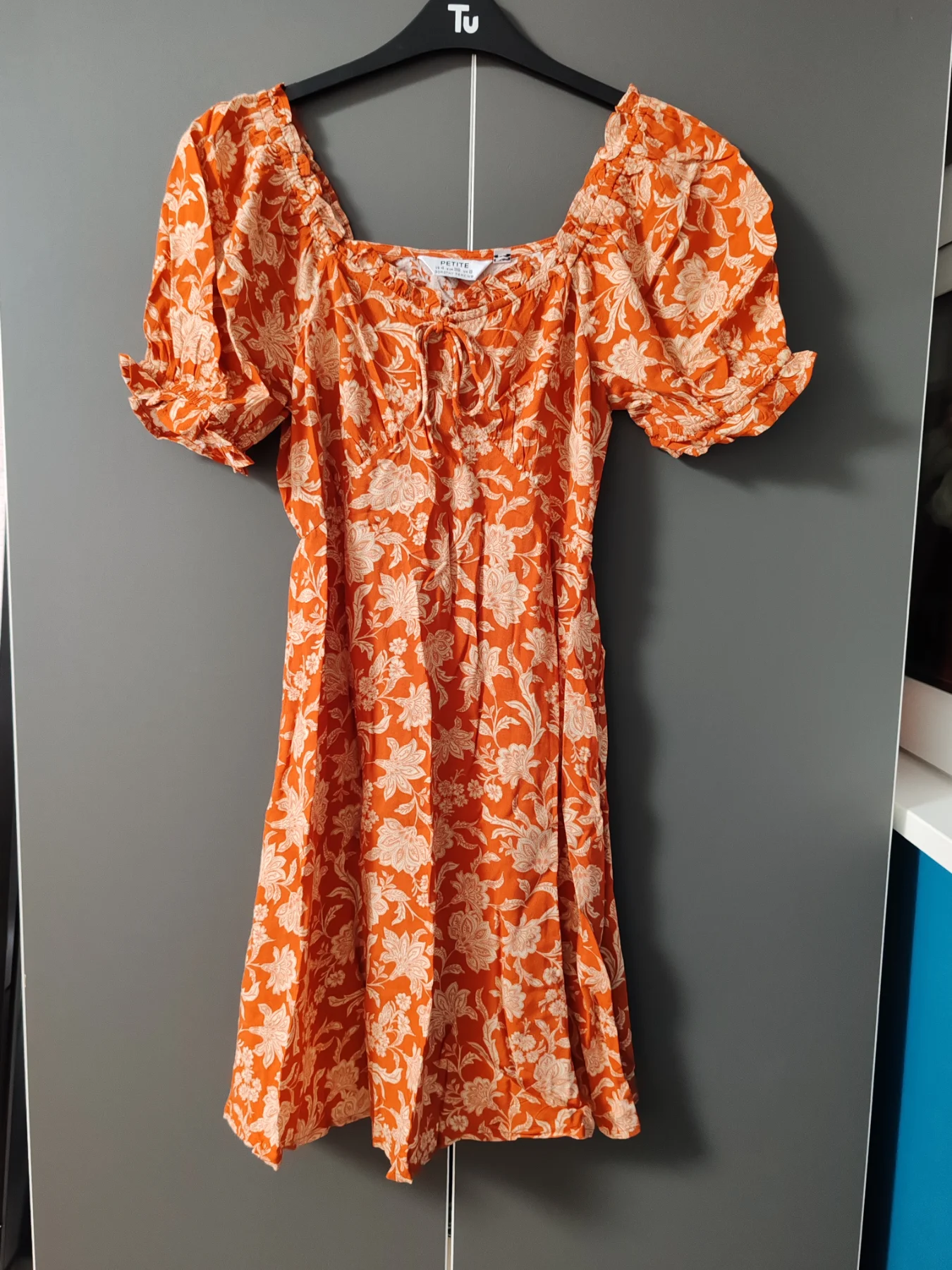 Dorothy Perkins Petite Orange Floral Puff Sleeve Milkmaid Mini Dress Size UK 8