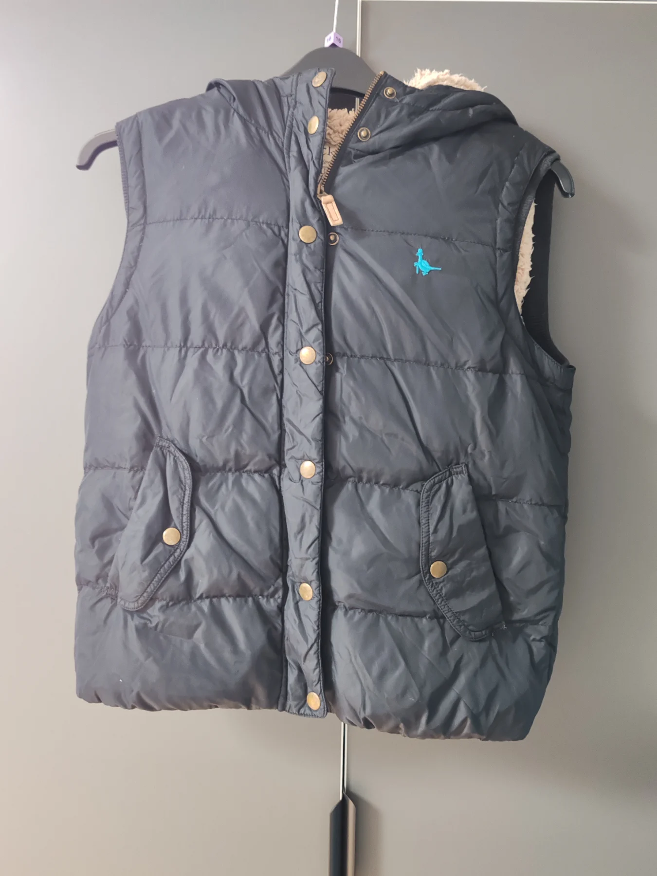 Jack Wills Navy Puffer Gilet Sherpa Fleece Hooded Bodywarmer | Size UK 12