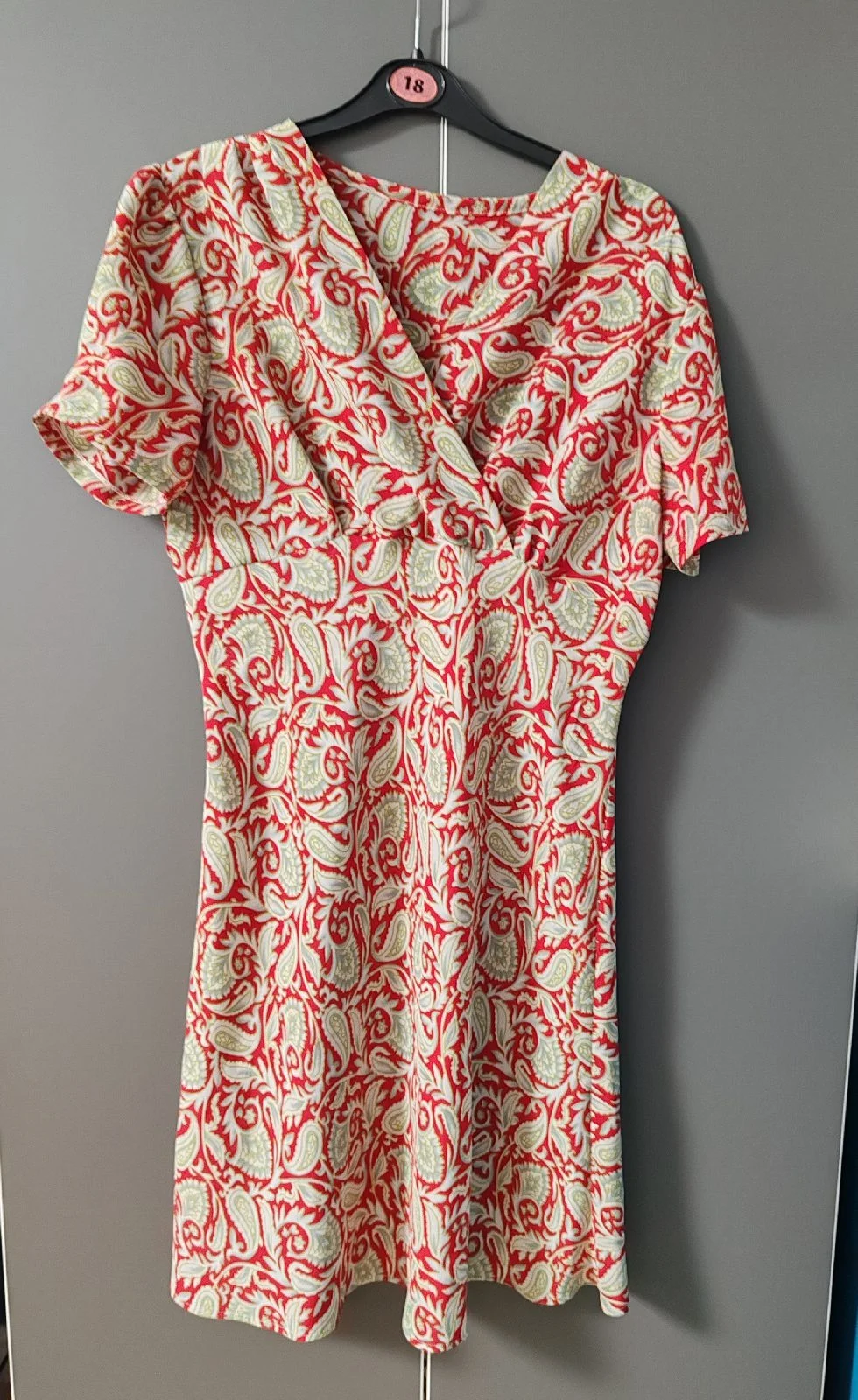 Red & Sage Green Vintage Style Paisley Mock Wrap Dress - Medium / UK 14-16 approx