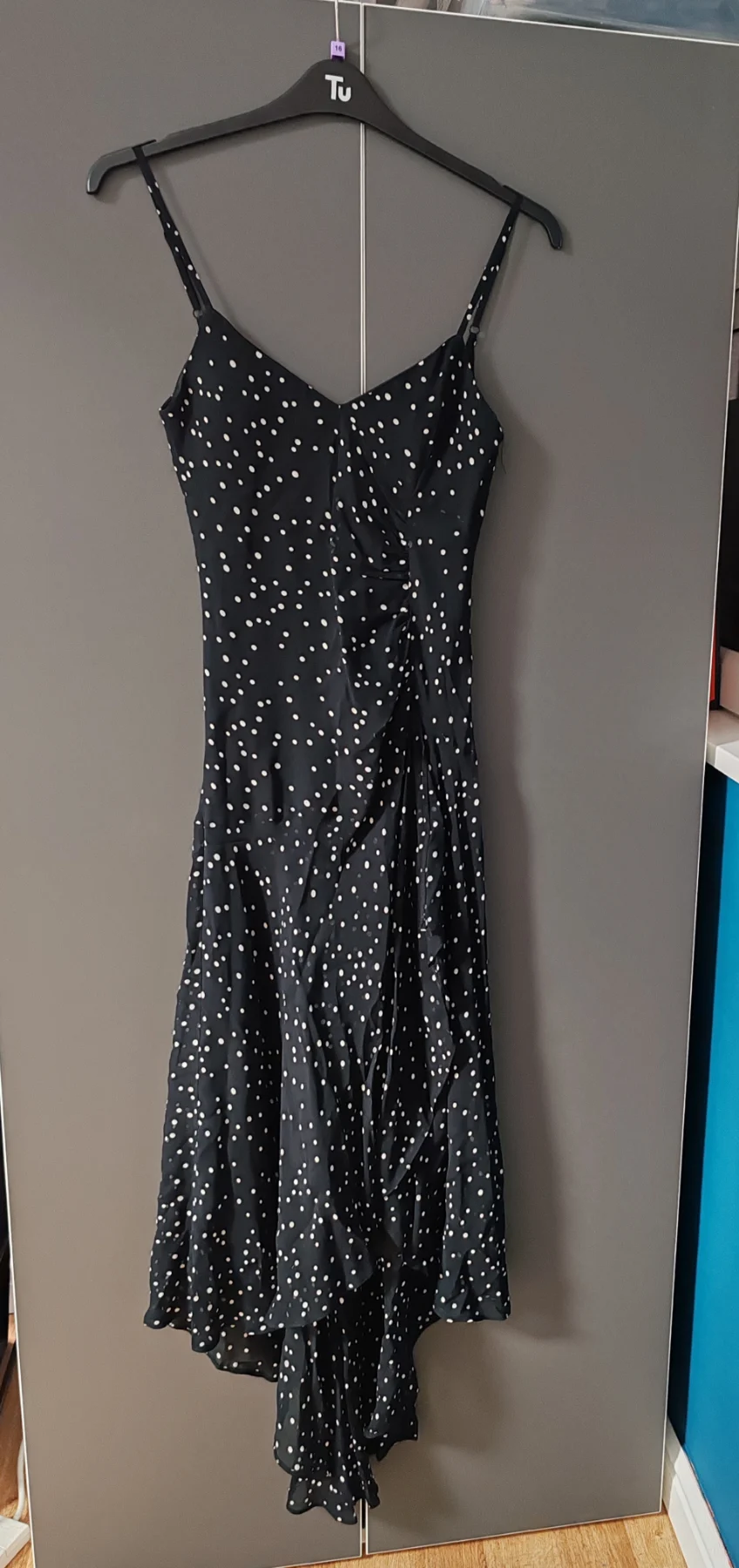 Ariella London Polka Dot Midi Dress | Size UK 12 | Black & White Asymmetric Ruffle