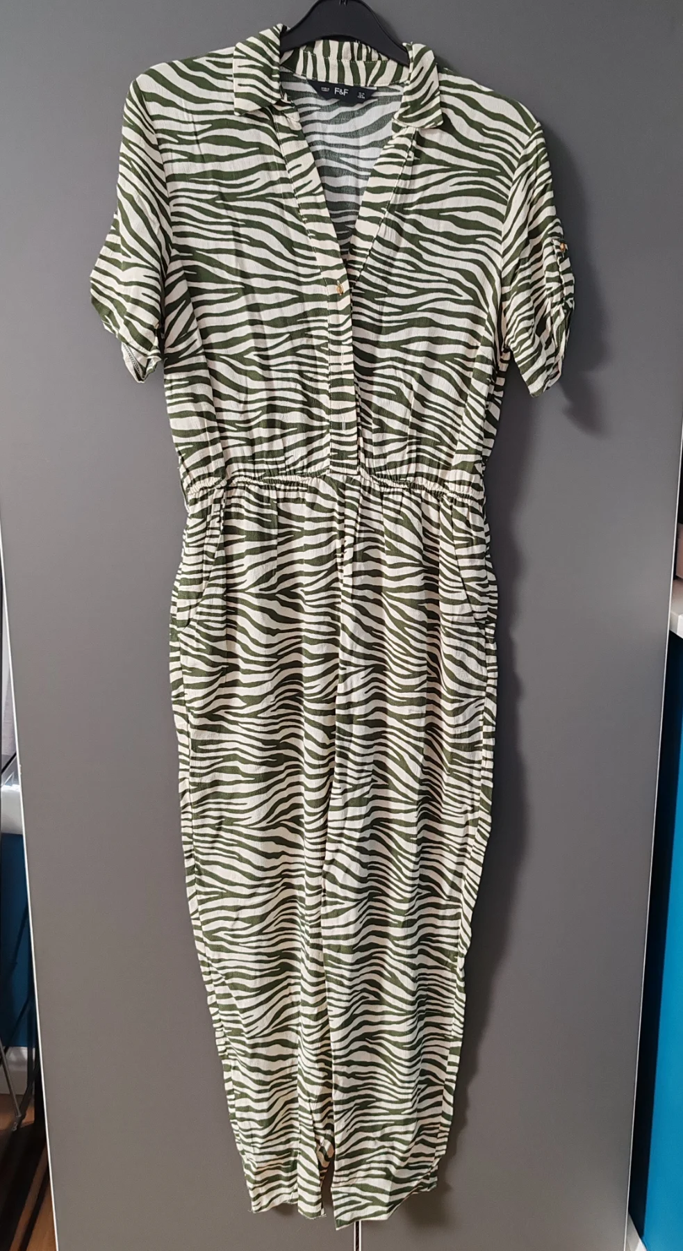 F&F Khaki Green Zebra Print Jumpsuit with Pockets - Size UK 10