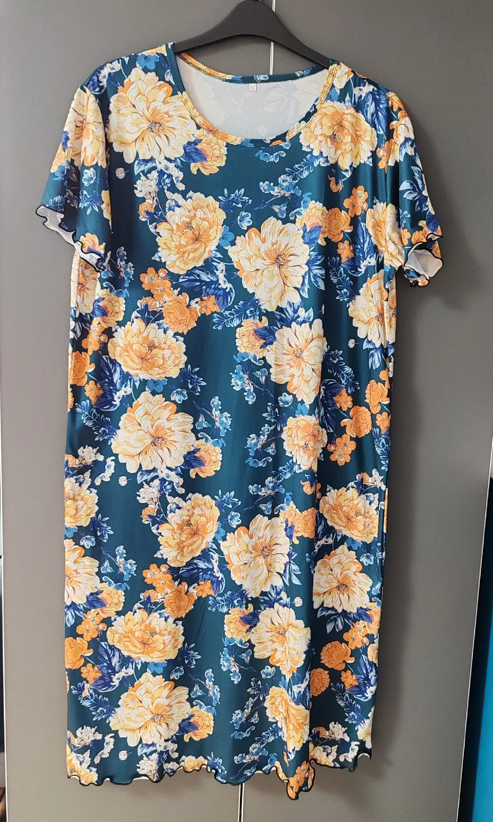 Teal Blue & Yellow Peony Floral Print T-Shirt Dress - Size XL