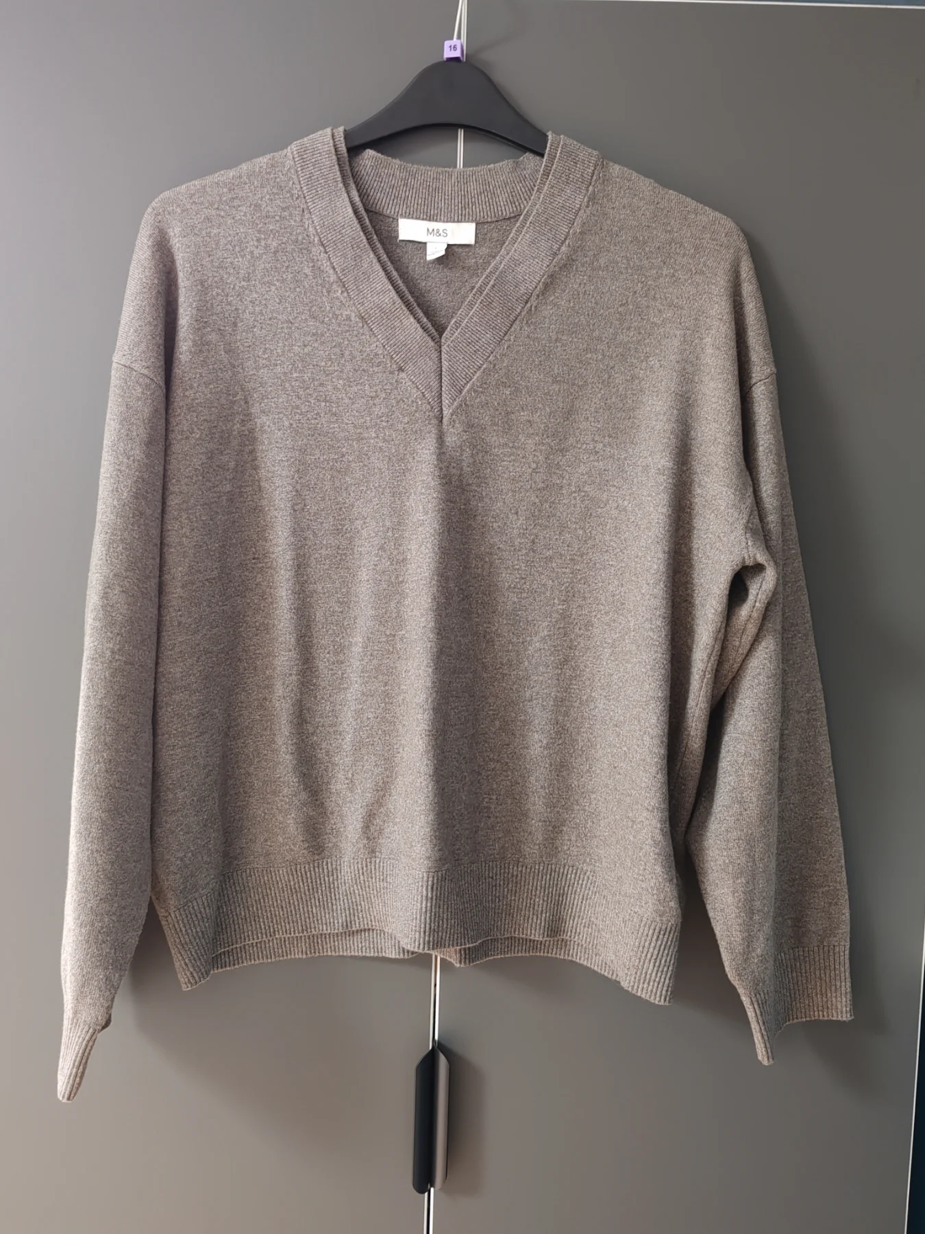 M&S Taupe Brown V-Neck Oversized Slouchy Jumper - Size L