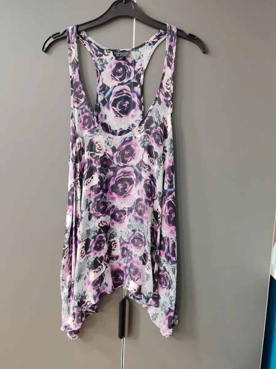 Topshop purple rose floral racerback asymmetric vest top - size UK 10