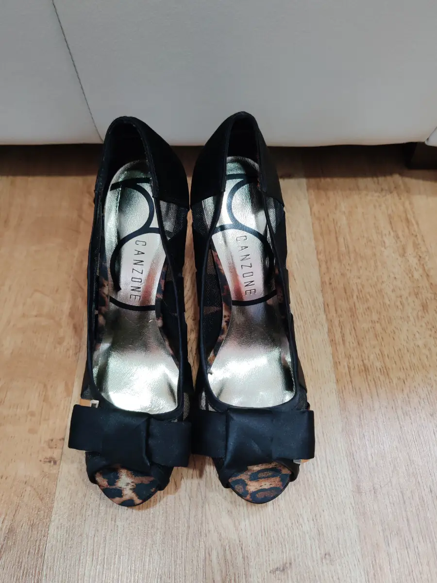 Black, gold & leopard print peep-toe heels - size 4