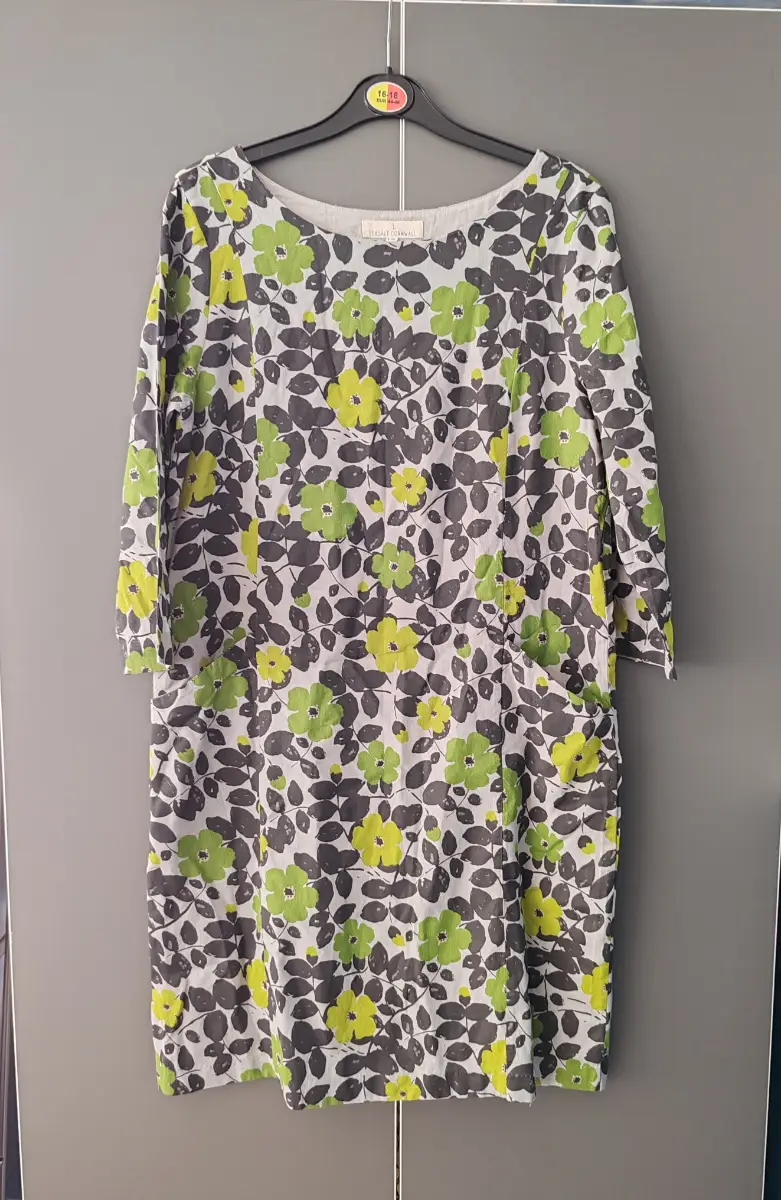 Seasalt Cornwall Carwinion Floral Dress Size 10 Cotton Grey Green Yellow
