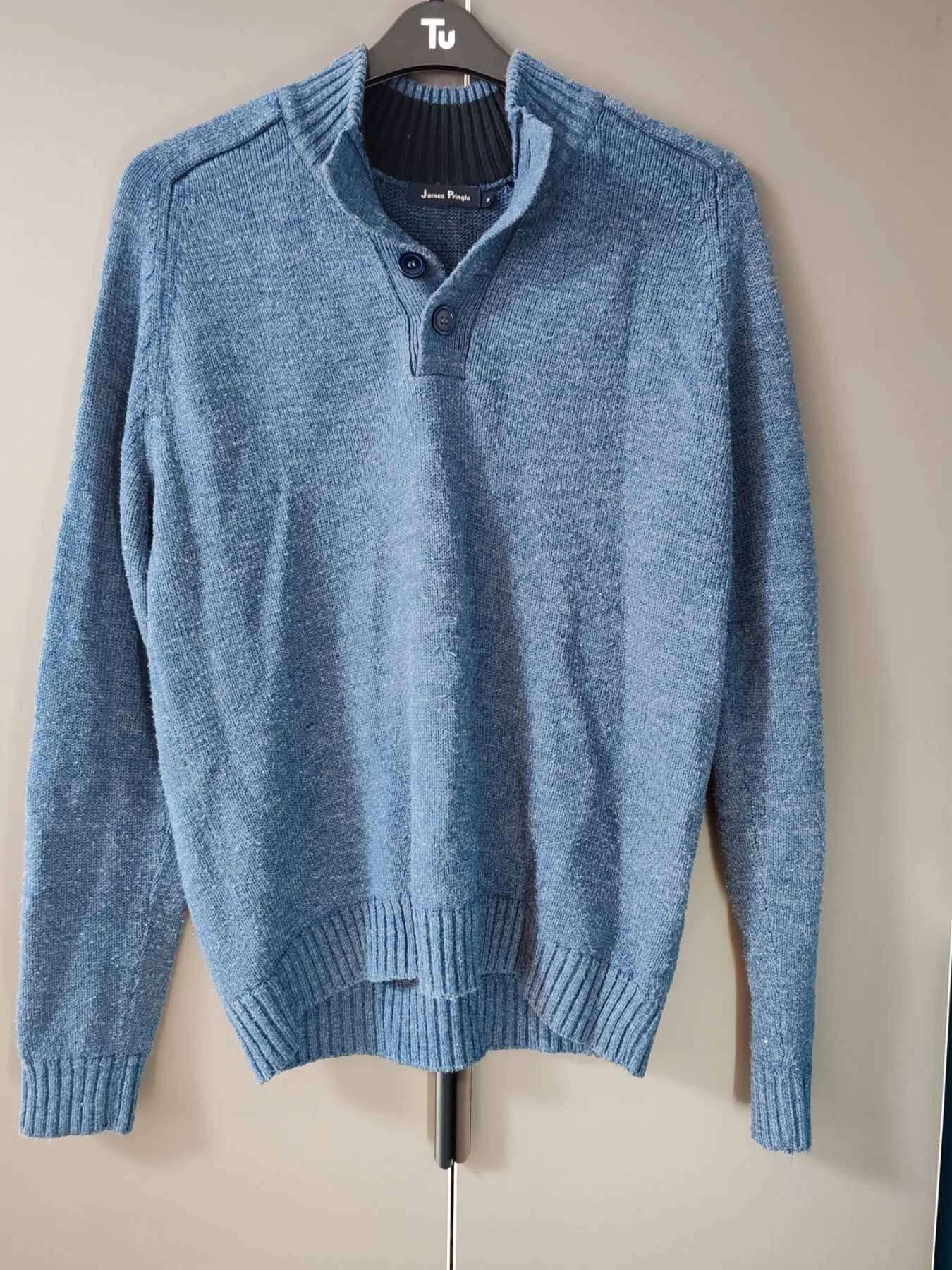 James Pringle Men’s Blue Marl Button Neck Jumper - Size S