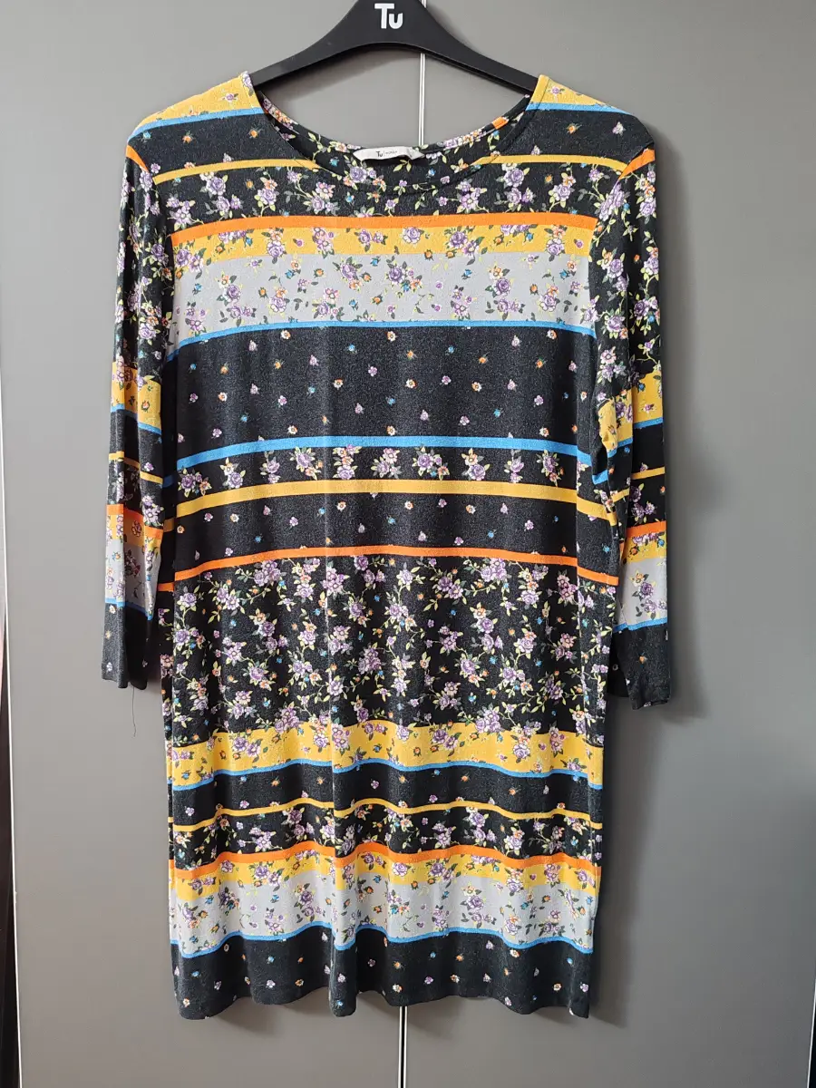 Black Floral Mixed Stripe 3/4 Sleeve Tunic Dress Size 16