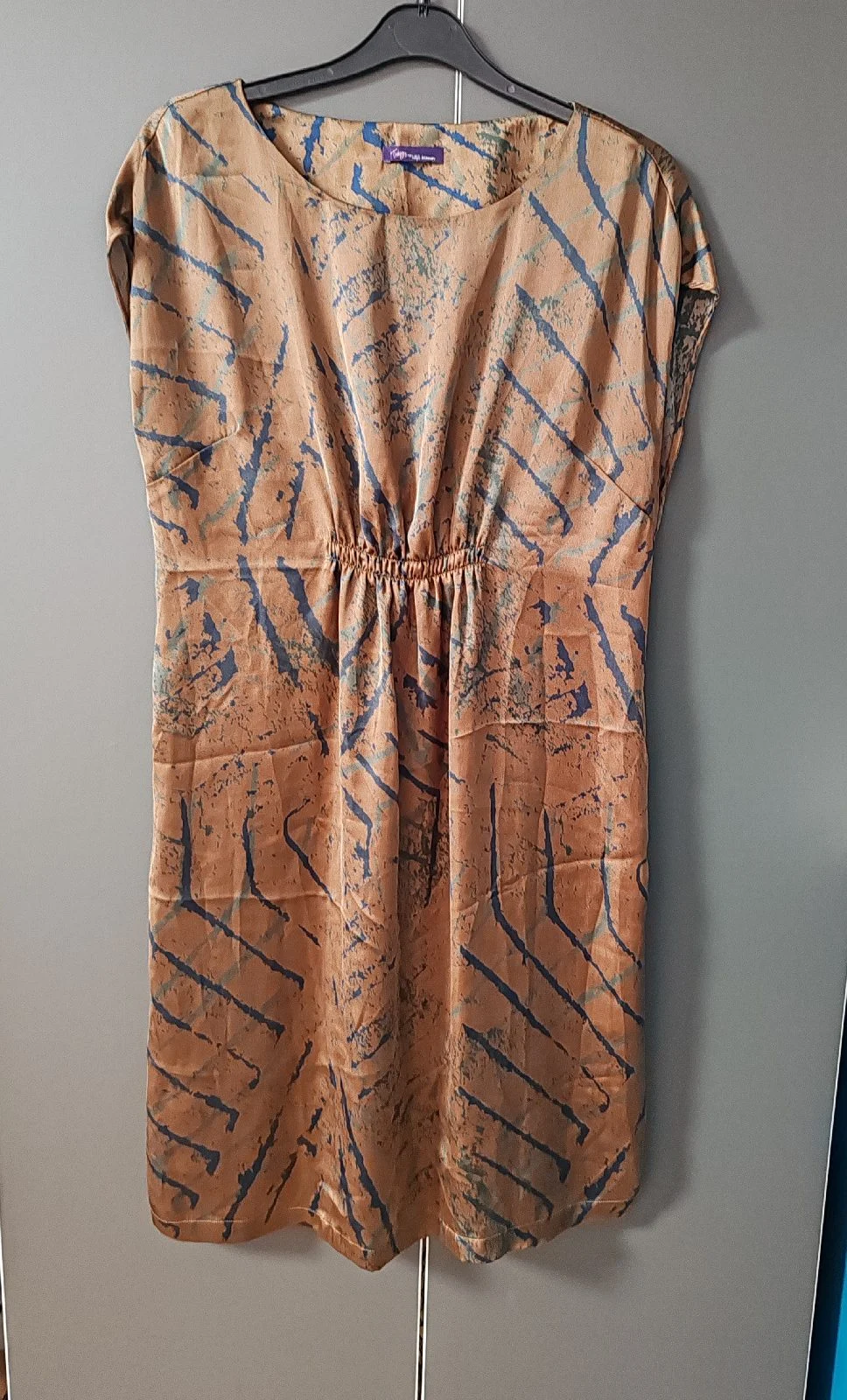 Twiggy for M&S Woman Brown & Blue Abstract Print Silk-Feel Dress - Size UK 14