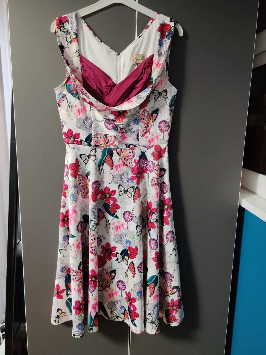 Lindy Bop Ophelia Dress 50s Rockabilly Swing Floral Butterfly Pink/Burgundy Size UK 10