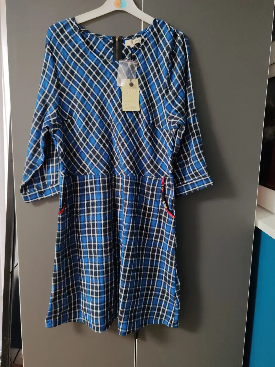 Anmol blue & black check A-Line dress with floral detail pockets - Size 18
