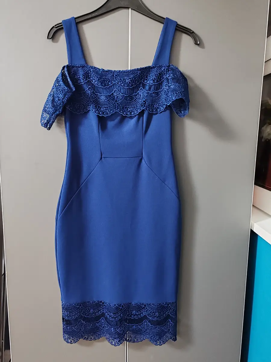 Lipsy London navy blue lace trim off shoulder dress - size UK 10