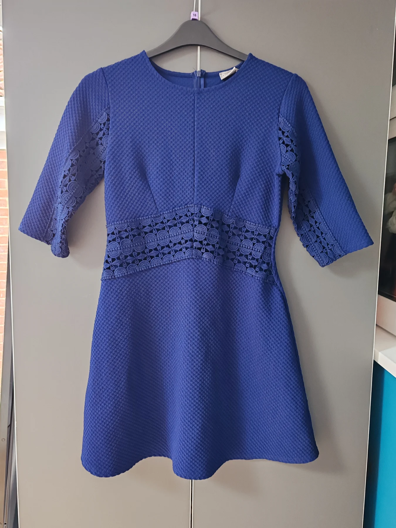 ASOS Navy Blue Textured Skater Dress with Crochet Lace Trim - Size 12