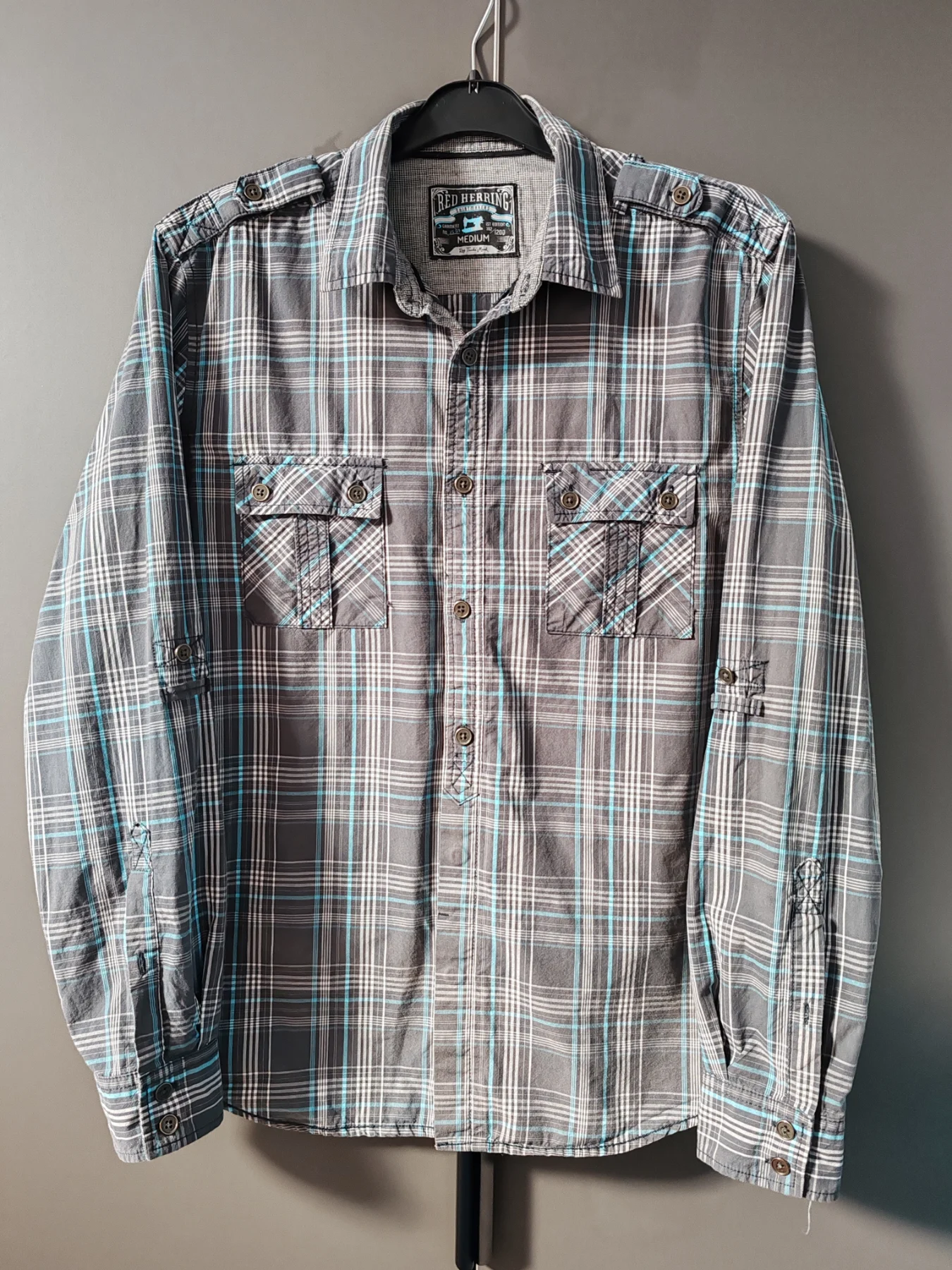 Red Herring men's medium checked shirt - grey/turquoise plaid - western style