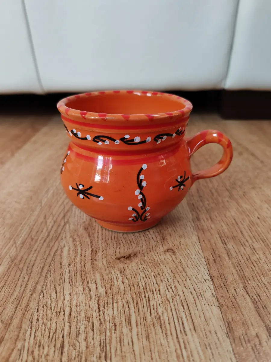 Vintage hand-painted terracotta mug / folk art clay cup
