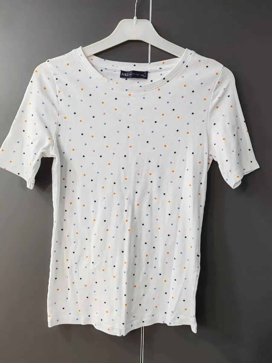 M&S white multicoloured polka dot T-shirt - Size 12