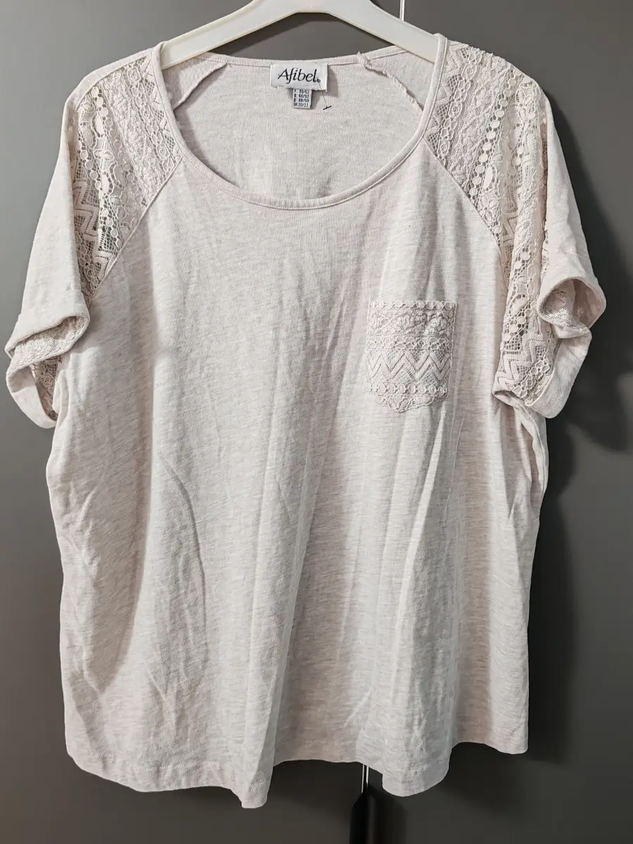 Afibel oatmeal beige lace detail short sleeve T-Shirt - UK 20/22