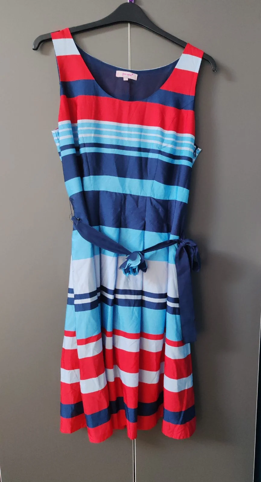 Per Una M&S Striped Skater Dress Size 18 Blue Red Floral Belt Fit & Flare