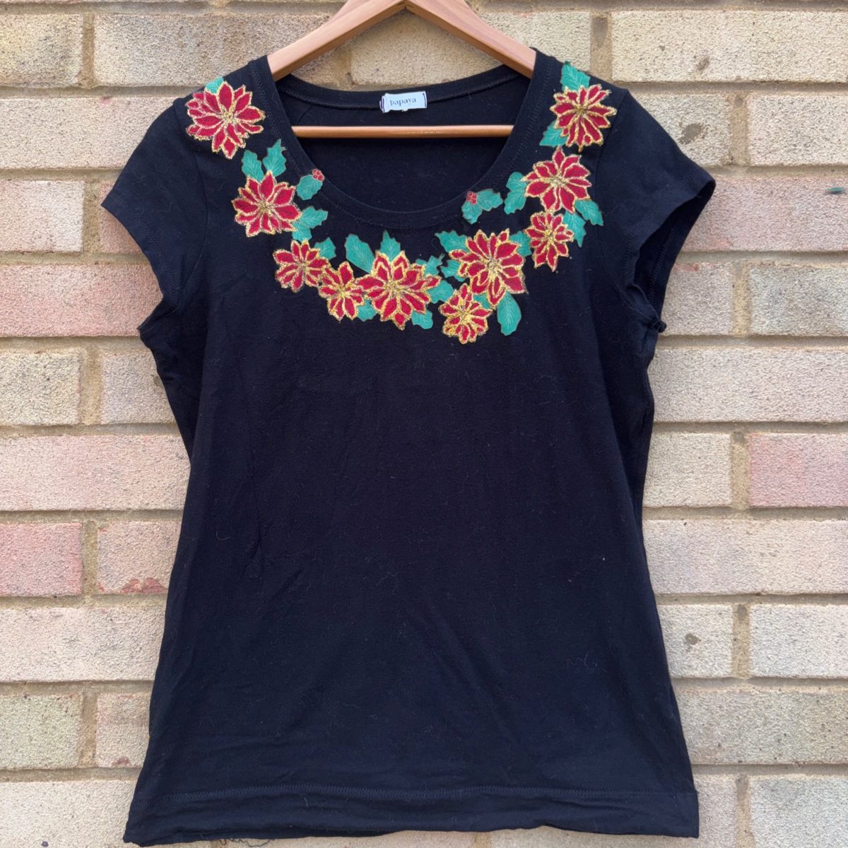 Size 18 black cotton / elastane top with floral pattern