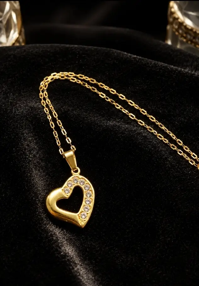 Gold Plated Heart Pendant Necklace with Cubic Zircon Stainless Steel Non Tarnish