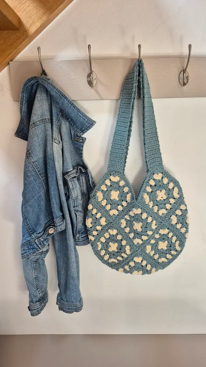 Handmade Teal & Cream Crochet Granny Square Bag