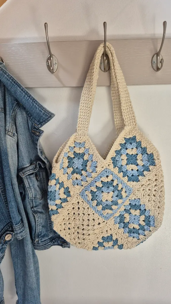 Handmade Blue & Cream Crochet Granny Square Tote Bag