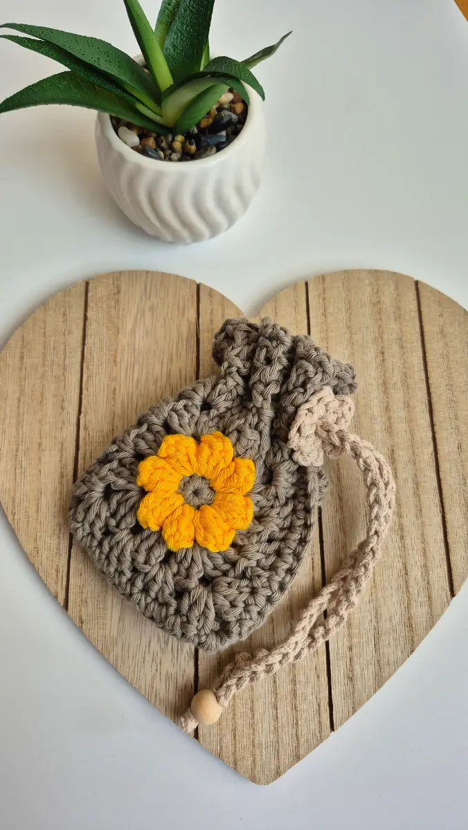 Small Crochet Sunflower Drawstring Pouch
