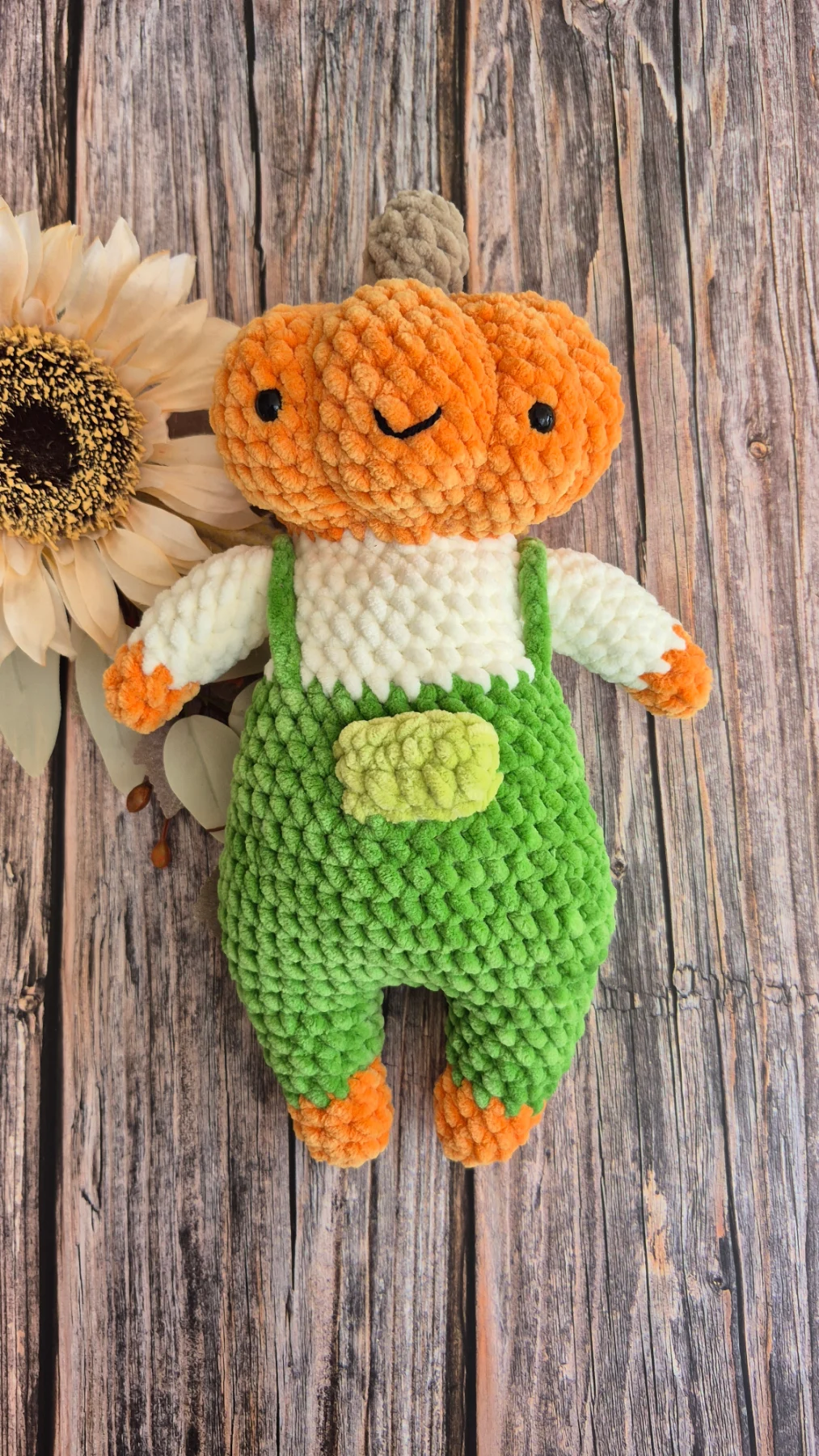 Crochet Pumpkin Doll – Green Dungarees