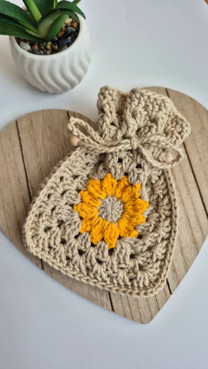 Large Crochet Sunflower Drawstring Pouch