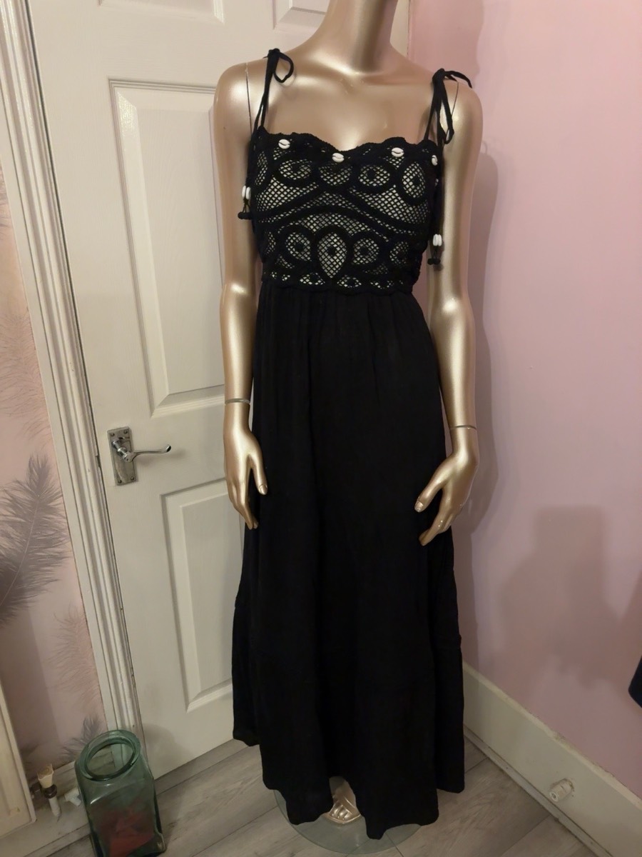 River Island Poolside Black Crochet Shell Maxi Dress Size M 12