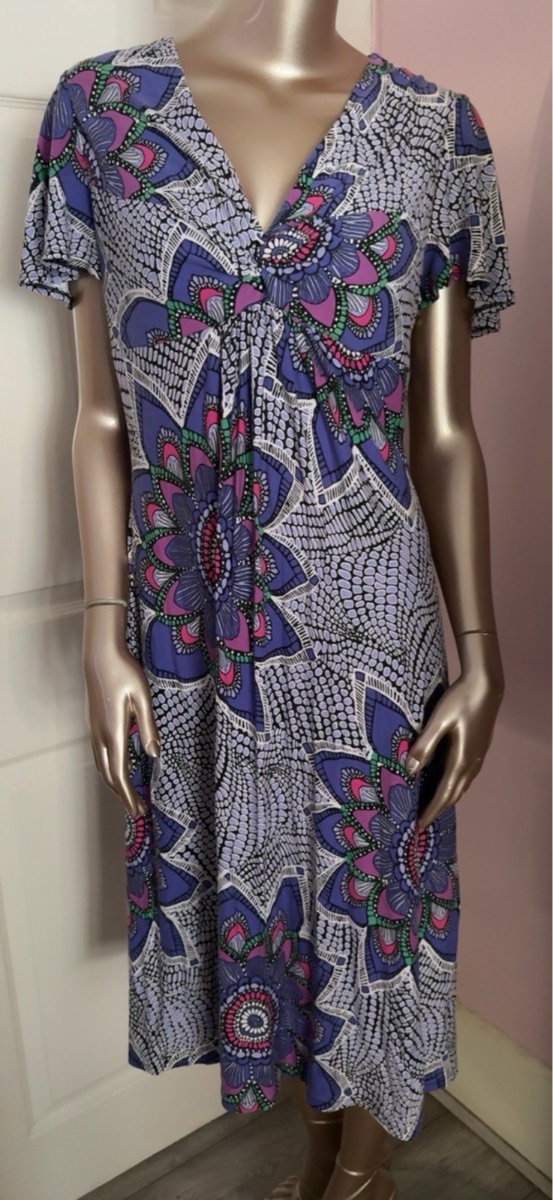 Per Una Floral Print Jersey Midi Dress Size 14L Purple Pink Stretch Short Sleeve