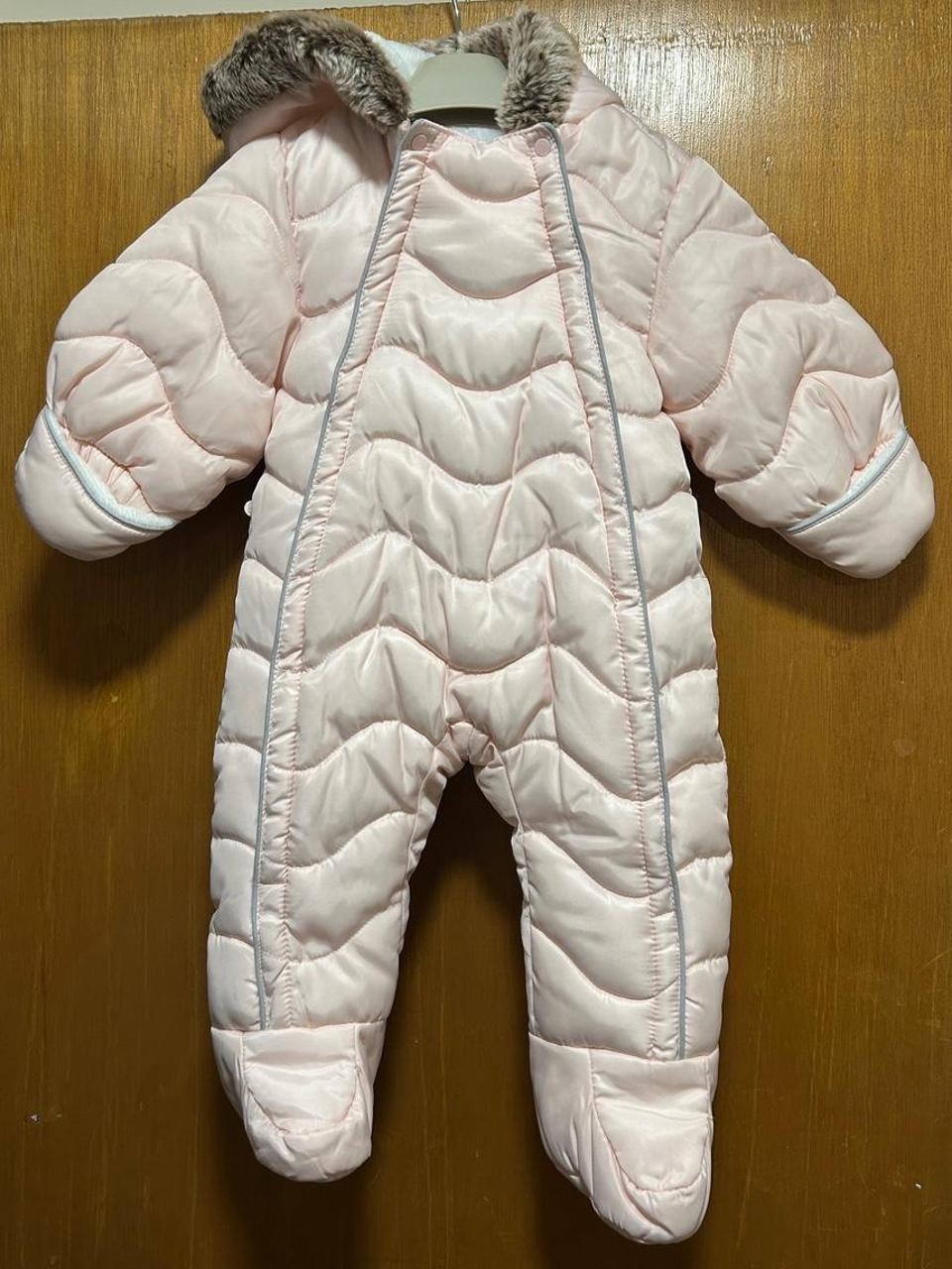Baby Girls Pink Padded Snowsuit Pramsuit Faux Fur Hood 6-12 Months