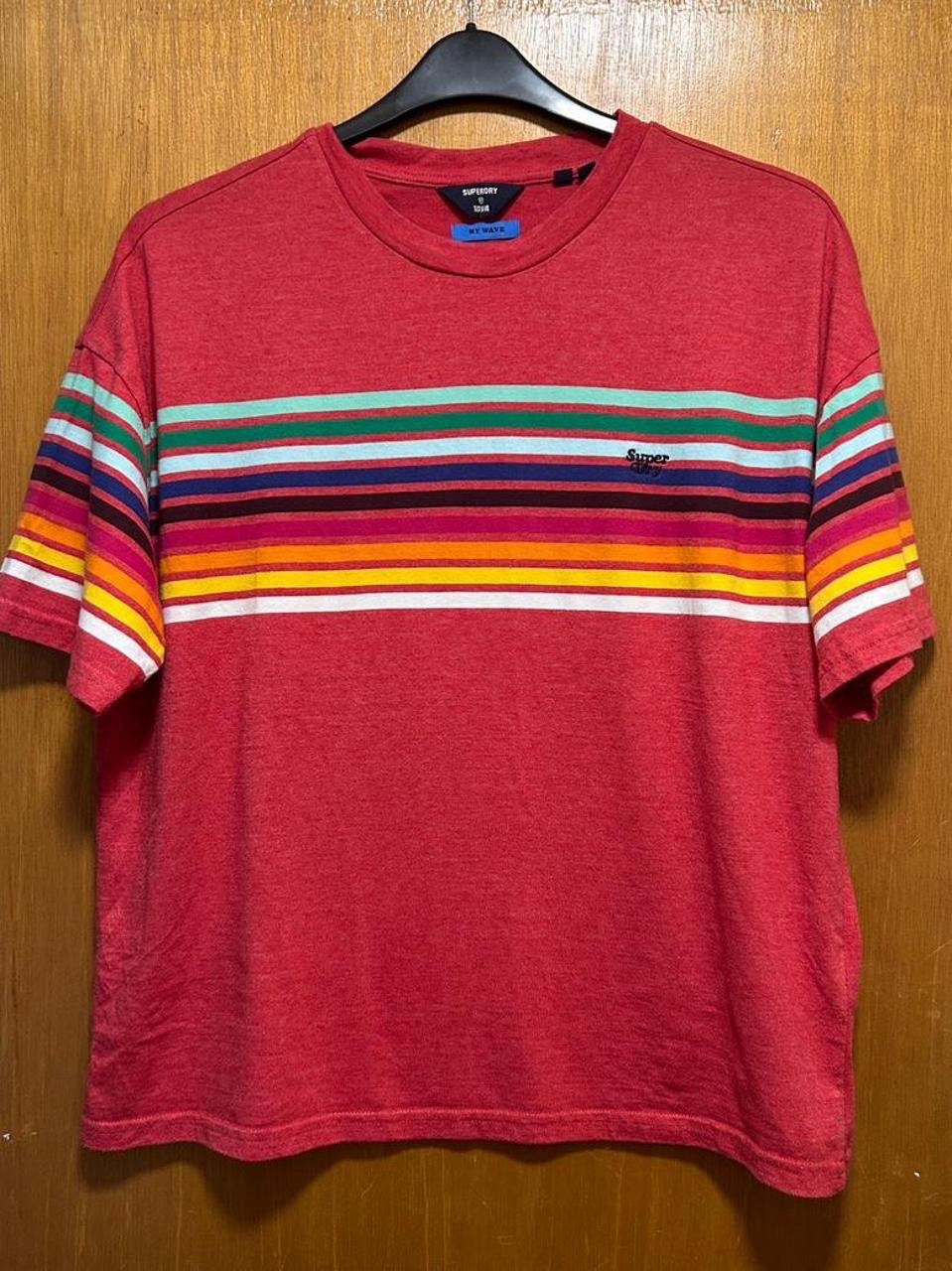 Rainbow Stripe Retro T-Shirt Red UK 14 Casual Indie