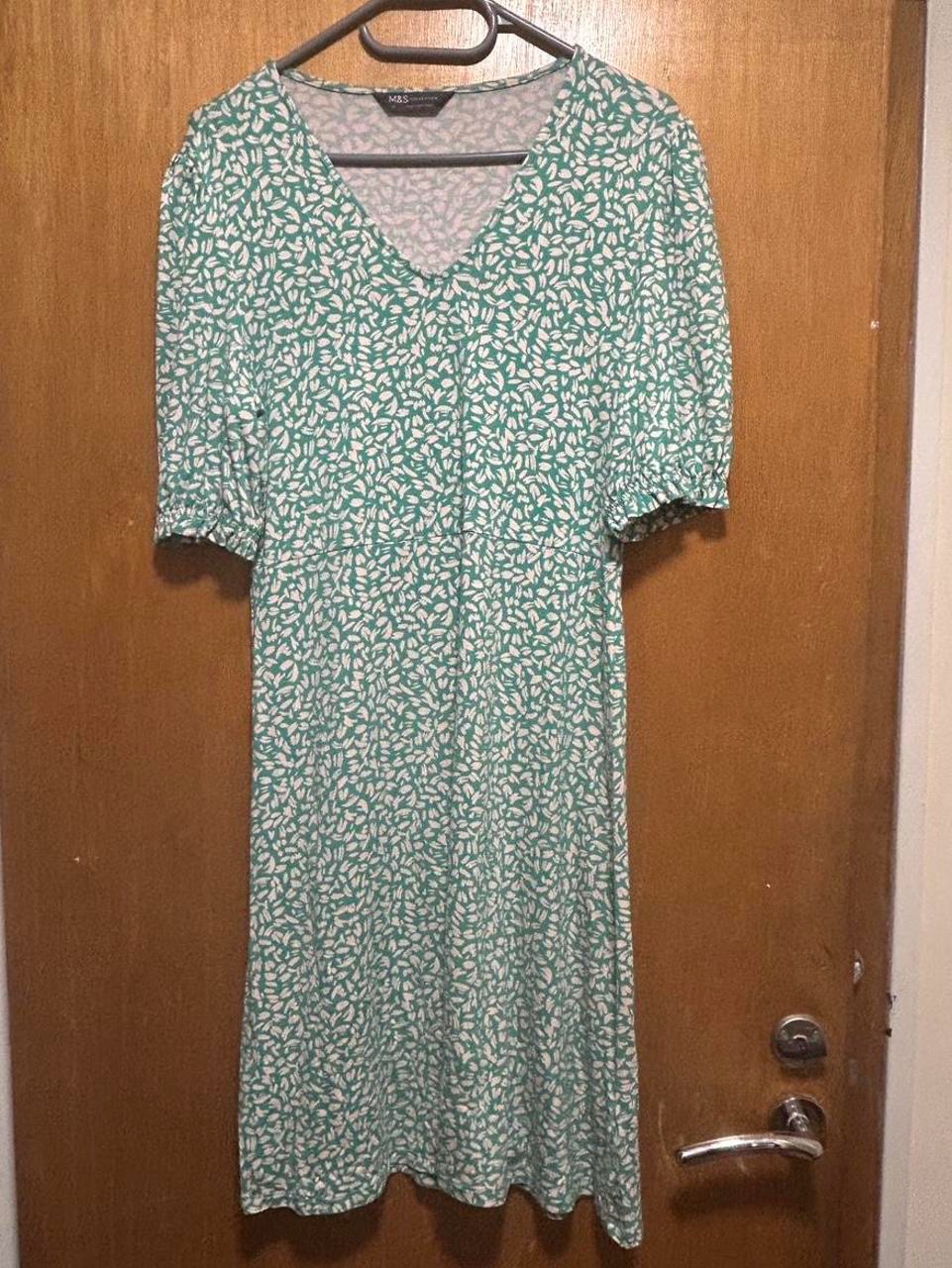 Green Abstract Leaf Print V Neck Midi Dress Size 12 Summer Autumn
