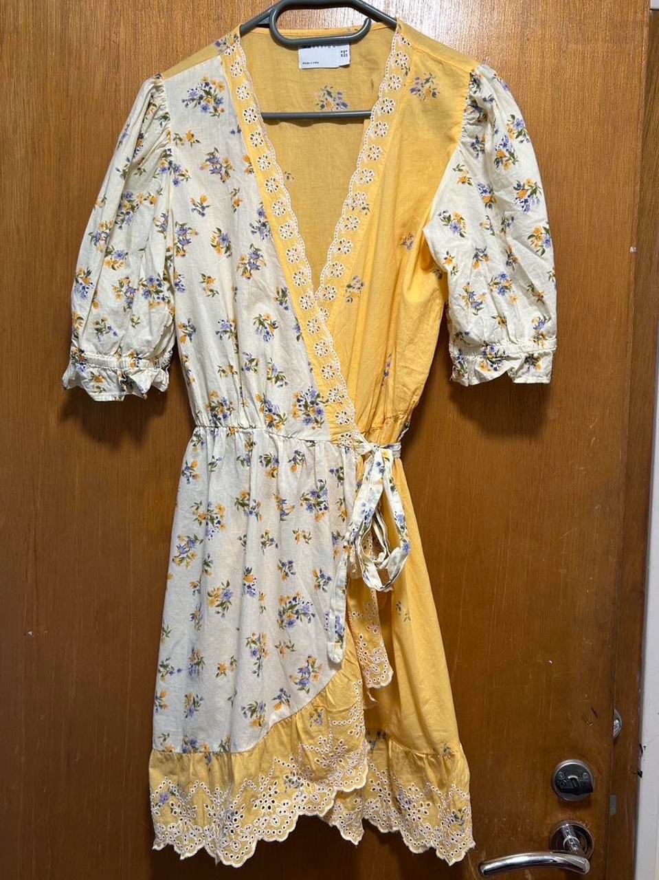 Yellow Floral Embroidered Wrap Midi Dress Cottagecore UK 12 Summer